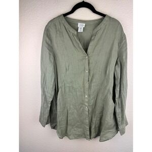 Sigrid Olsen Button Down Tunic Top Green Roll Tab Sleeves‎ 100% Linen Coastal